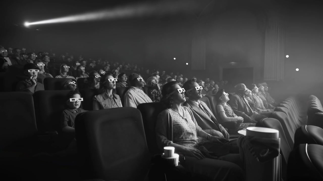 Audience Wearing 3D Glasses Watching a Movie in a Cinema