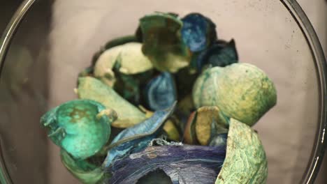 slowly pushing into a vase of blue and green potpourri