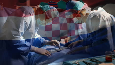 animación de la bandera de croacia ondeando sobre los cirujanos en el quirófano
