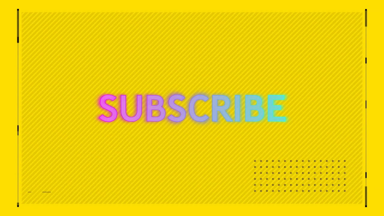 SUBSCRIBE text animation on yellow background with diagonal lines and dotted pattern