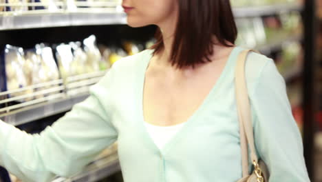 bruneta sonriente haciendo compras con la lista de comestibles