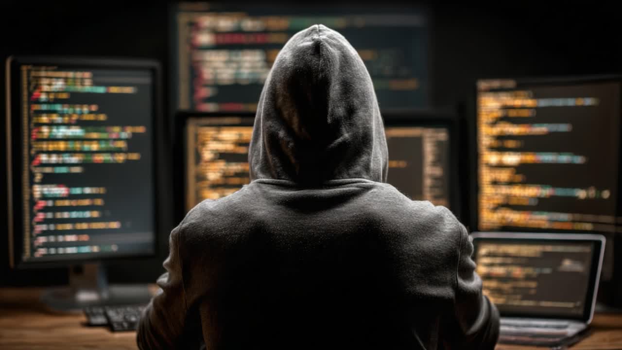 Mysterious Coder Enveloped in Shadows as Multiple Monitors Illuminate Their Focused Work on Intricate Programming Tasks in a Dark Environment