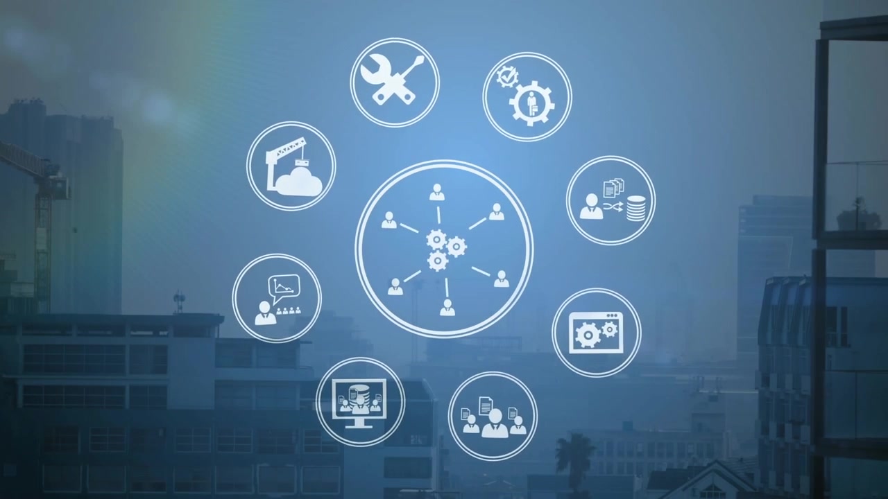 Animation of multiple digital icons spinning against aerial view of cityscape