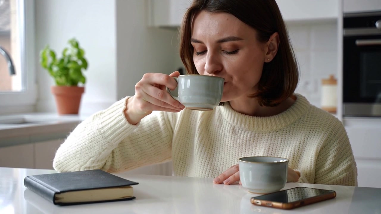 Donna in maglione che si allunga, sollevando una tazza, sorseggiando la bevanda mattutina e appoggiandola sul bancone della cucina con il telefono.