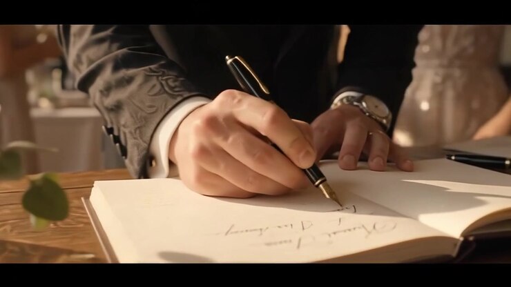 Groom Signing Guestbook at Wedding Reception