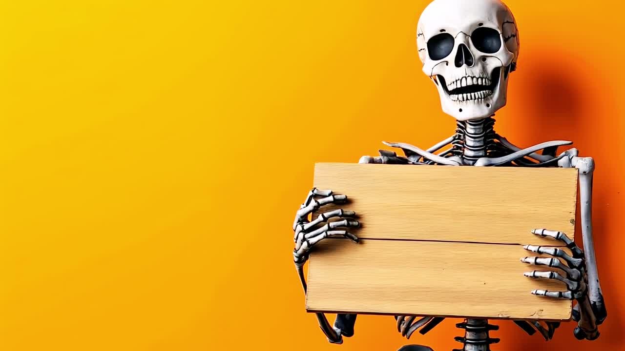 un esqueleto sosteniendo un letrero de madera frente a un fondo naranja