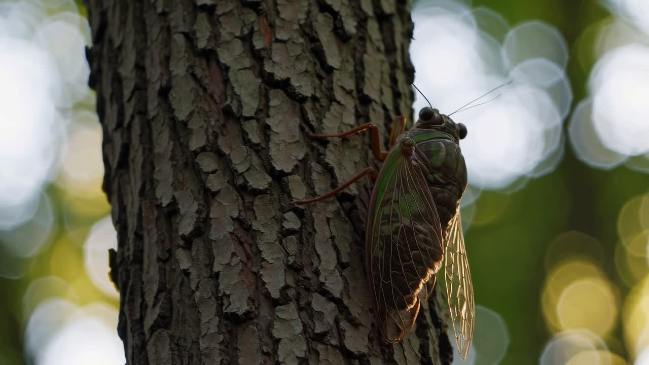 Close-up video angle of a cicada on a tree trunk, highlighting its intricate wings