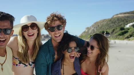 grupo de amigos de raza mixta sonriendo a la cámara para un retrato en la playa