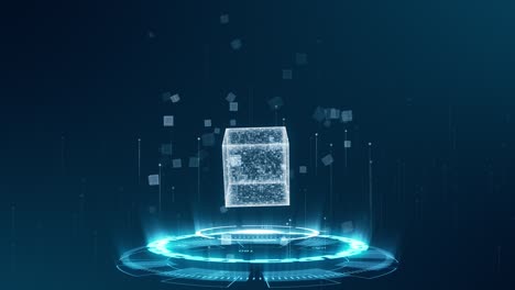 motion graphic of blue digital cube with futuristic circle rotation and cube icon levitation on abstract background technology and metaverse concept