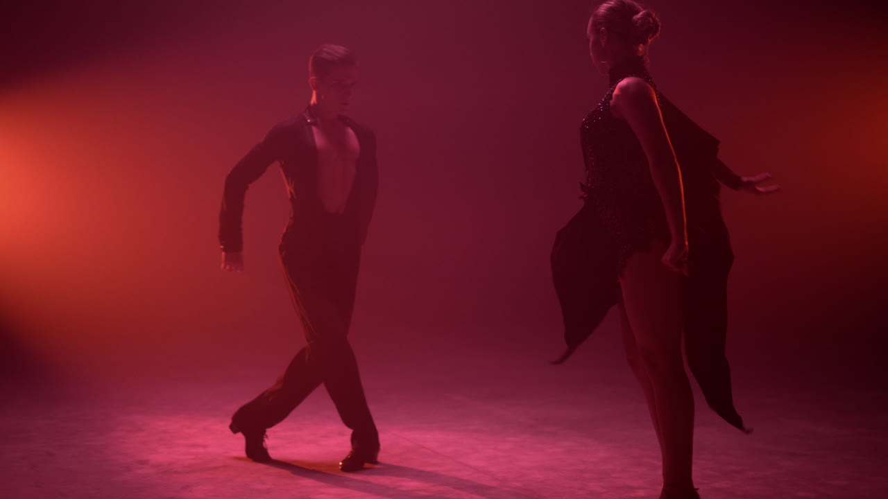 bailarines sexy disfrutando de la actuación en el escenario. pareja sensual bailando samba en el interior