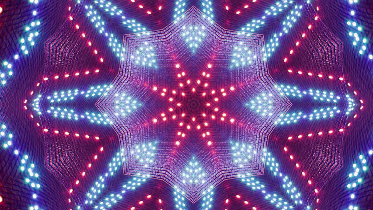 Glowing Polygon Star Shape Event Light on the Geometric Kaleidoscope Pattern Metallic Wall