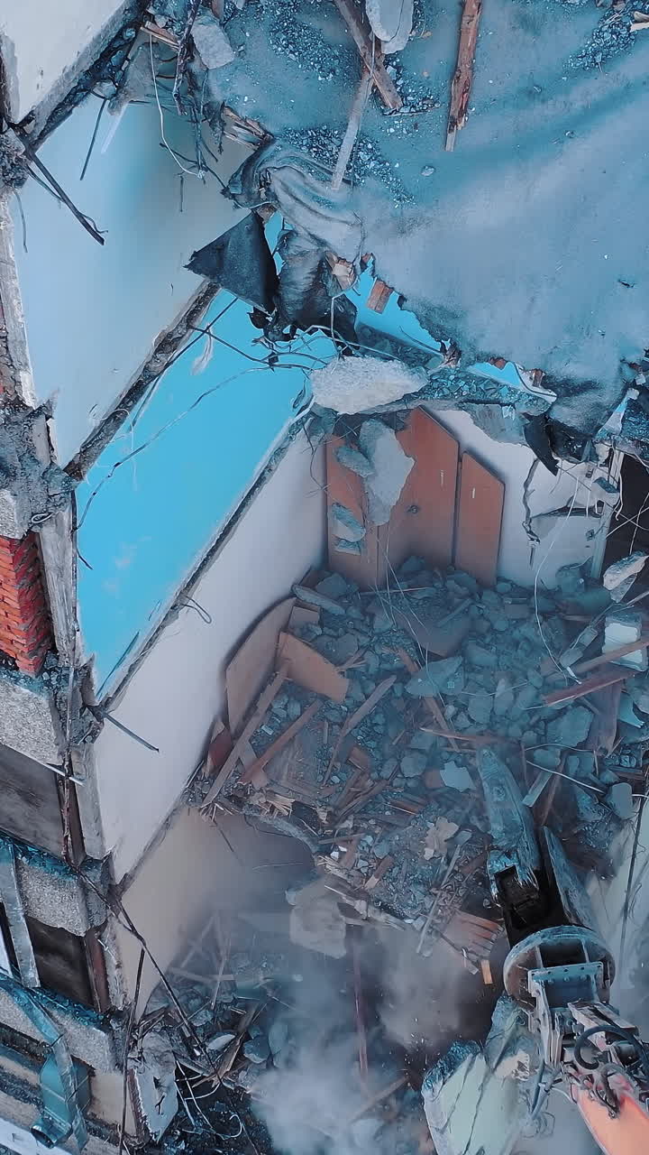 Damaged earthquake disaster construction. Natural disaster ruined building.