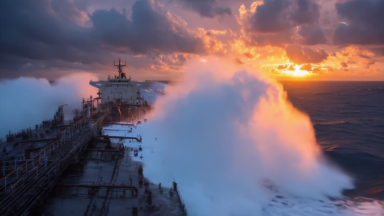 A Stunning View of a Ship Navigating Through Waves at Sunset, Capturing the Power of Nature in an Oceanic Adventure Beneath Dramatic Skies