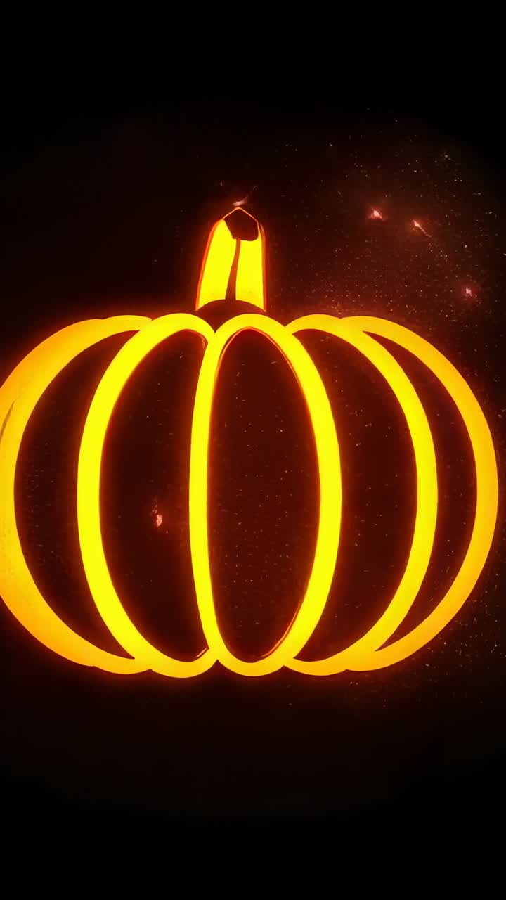 Vertical video: Opening shot triggers pumpkin pulsing, tilting stem on black void with ember sparks