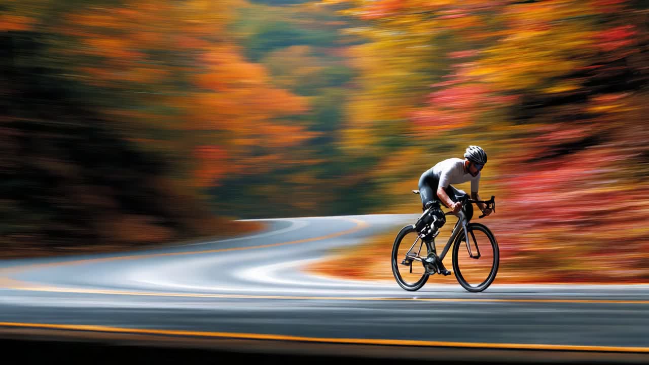 A Cyclist Navigating a Winding Road Amidst Colorful Autumn Foliage, Capturing the Essence of Speed and Passion in the Great Outdoors