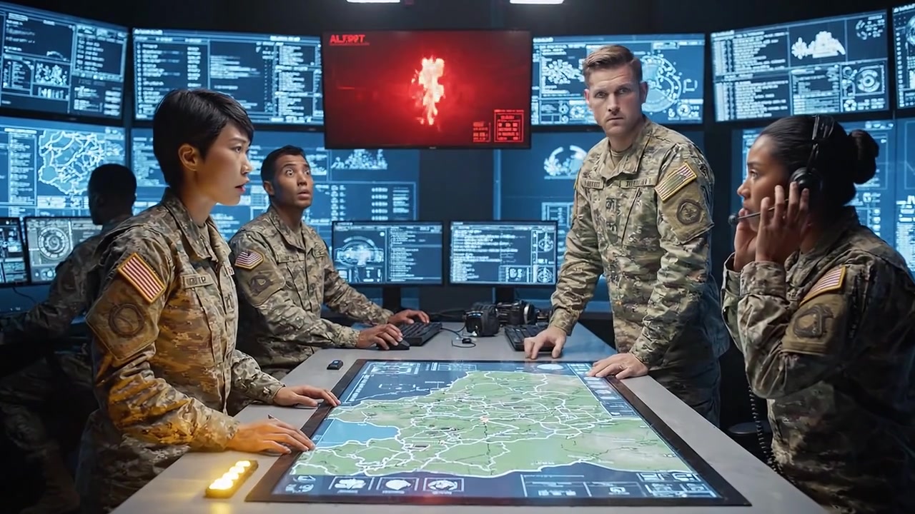 Military Personnel Collaborating in High-Tech Command Center Using Digital Maps and Screens while Analyzing Strategic Operations and Tactical Decisions