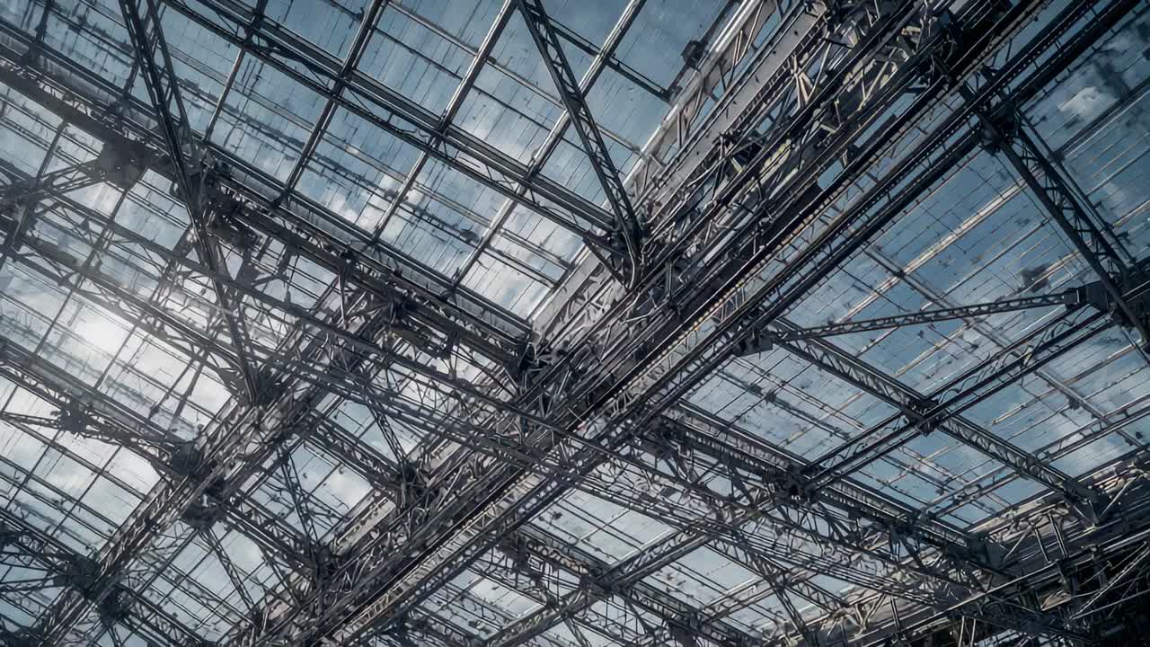 Tilting camera revealing shifting sun glare across glazed steel roof in terminal to show rivets