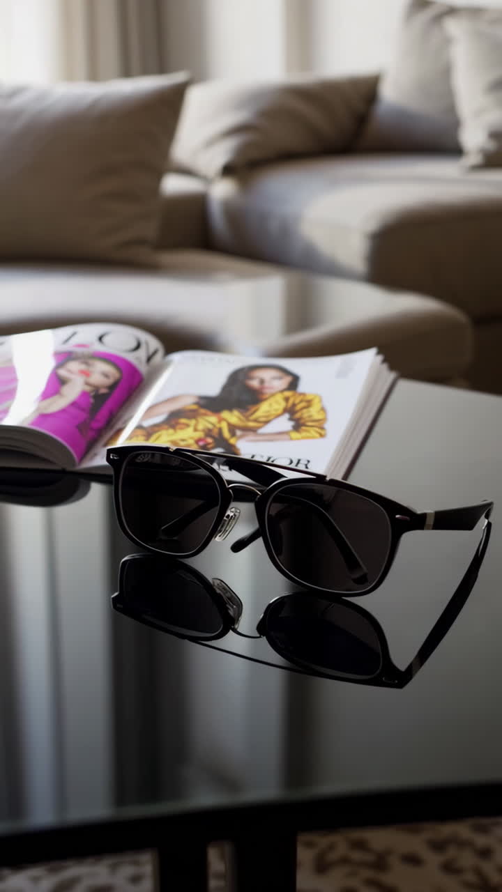 Stylish Sunglasses on a Coffee Table in a Modern Living Room