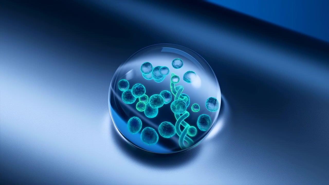 Blue illuminated shapes appear inside transparent spherical object positioned on smooth dark reflective surface, showing glossy material, soft highlights, and minimal abstract composition with cool tones.