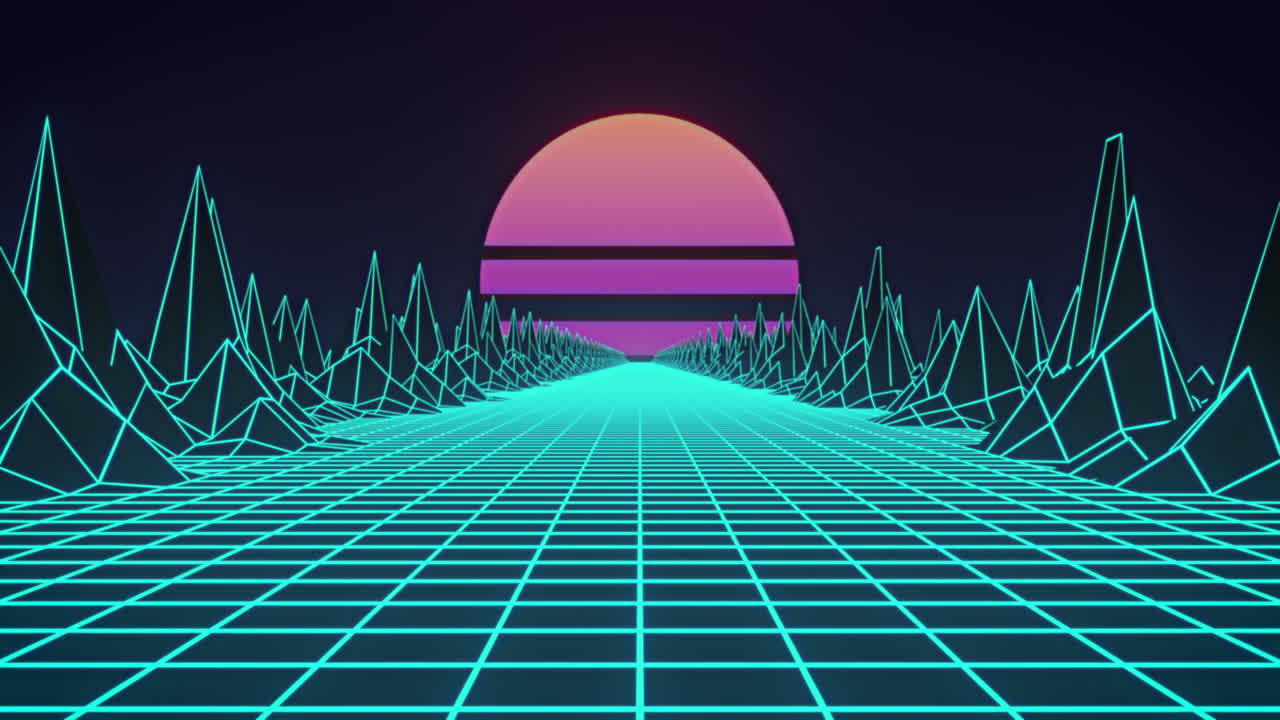 Animation of pink sun and glowing green grid and map with mountains moving on seamless loop