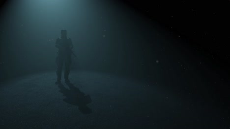 modern soldier standing inside a dark space, with volumetric light behind him and dust particles floating, 3d animation, high view, camera zoom slowly