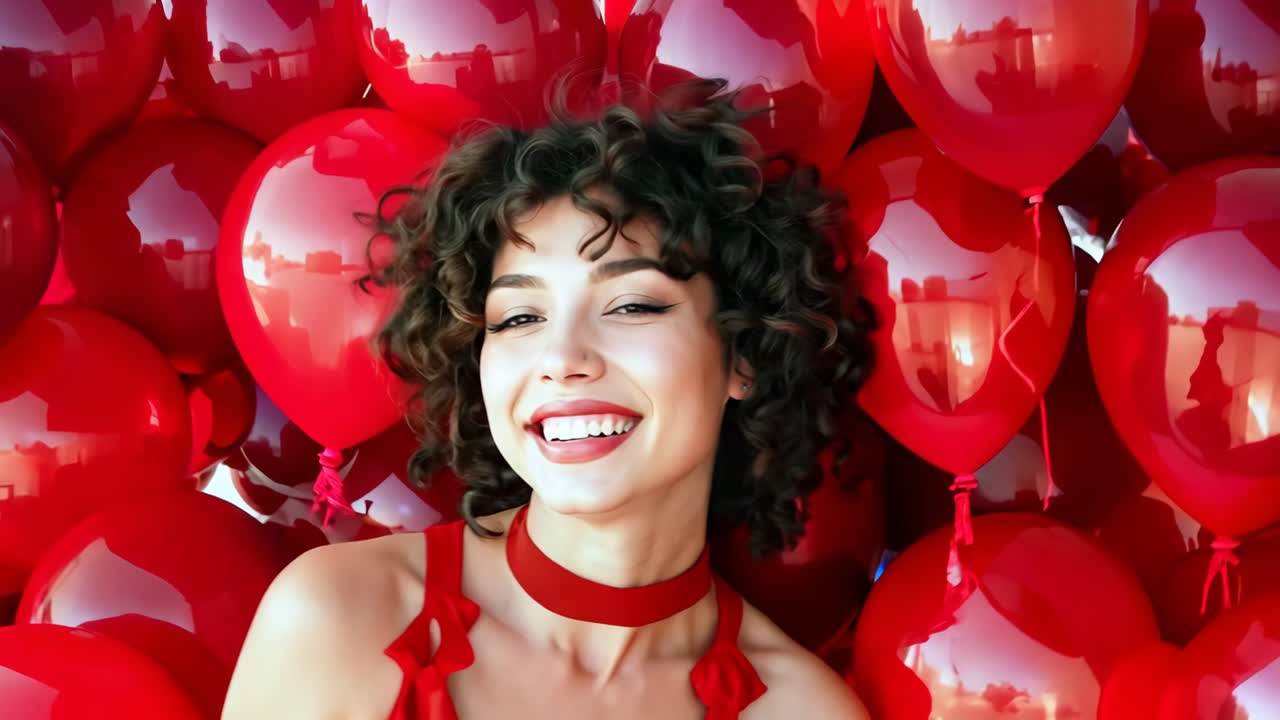 una mujer con un vestido rojo rodeada de globos rojos