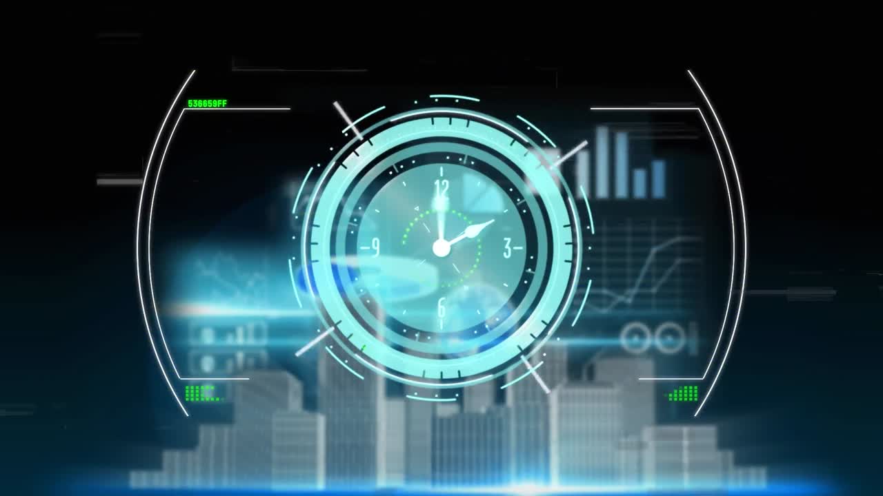 Animation of clock, hud processing over building models, graphs, charts ...