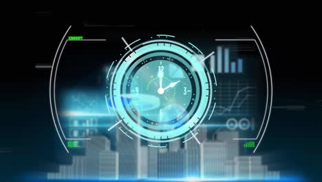 Animation-Der-Uhr,-HUD-Verarbeitung-über-Gebäudemodelle,-Grafiken,-Diagramme-Auf-Der-Digitalen-Glitch-Schnittstelle