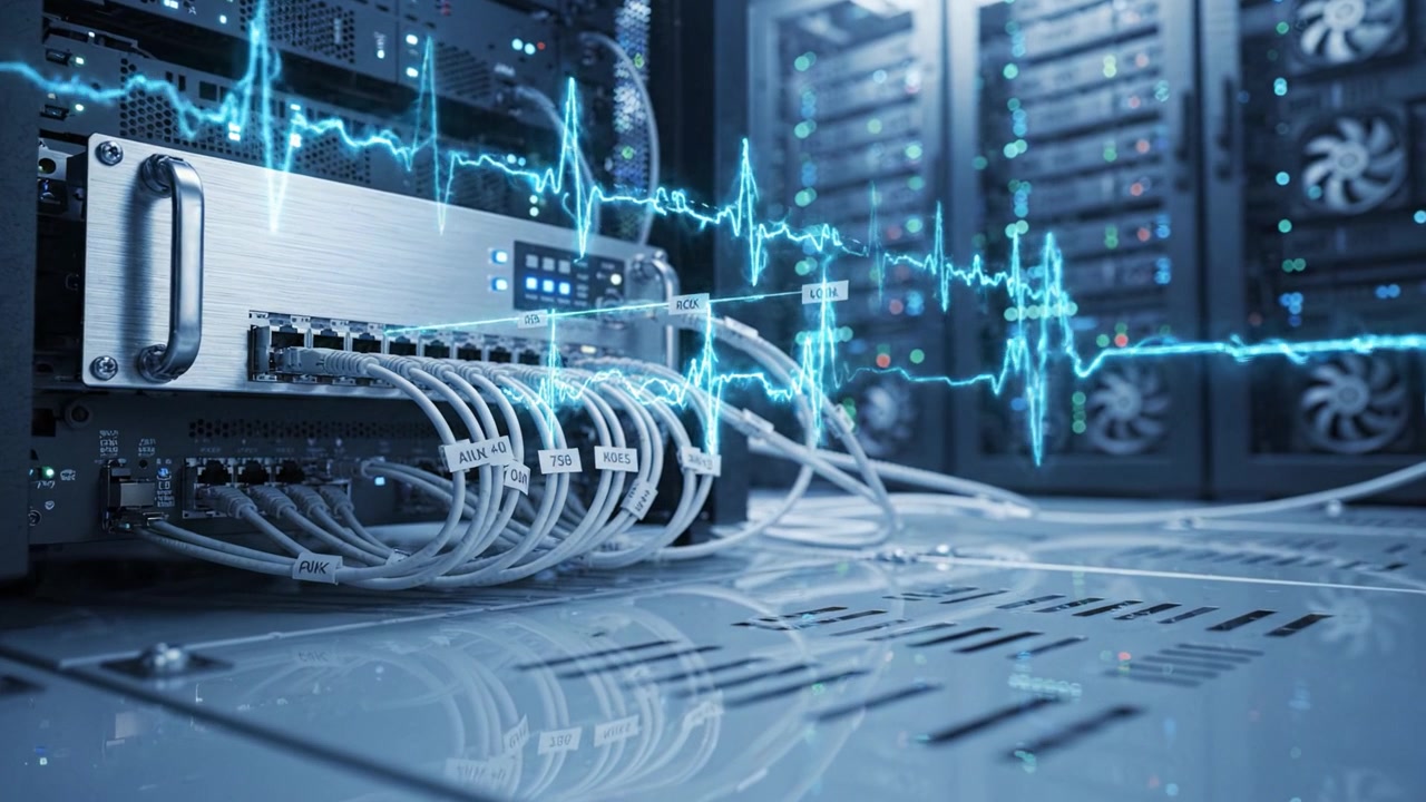 An Insightful Look into a Modern Data Center with Network Equipment and Server Racks Showcasing Data Transmission and Connectivity in a Digital World