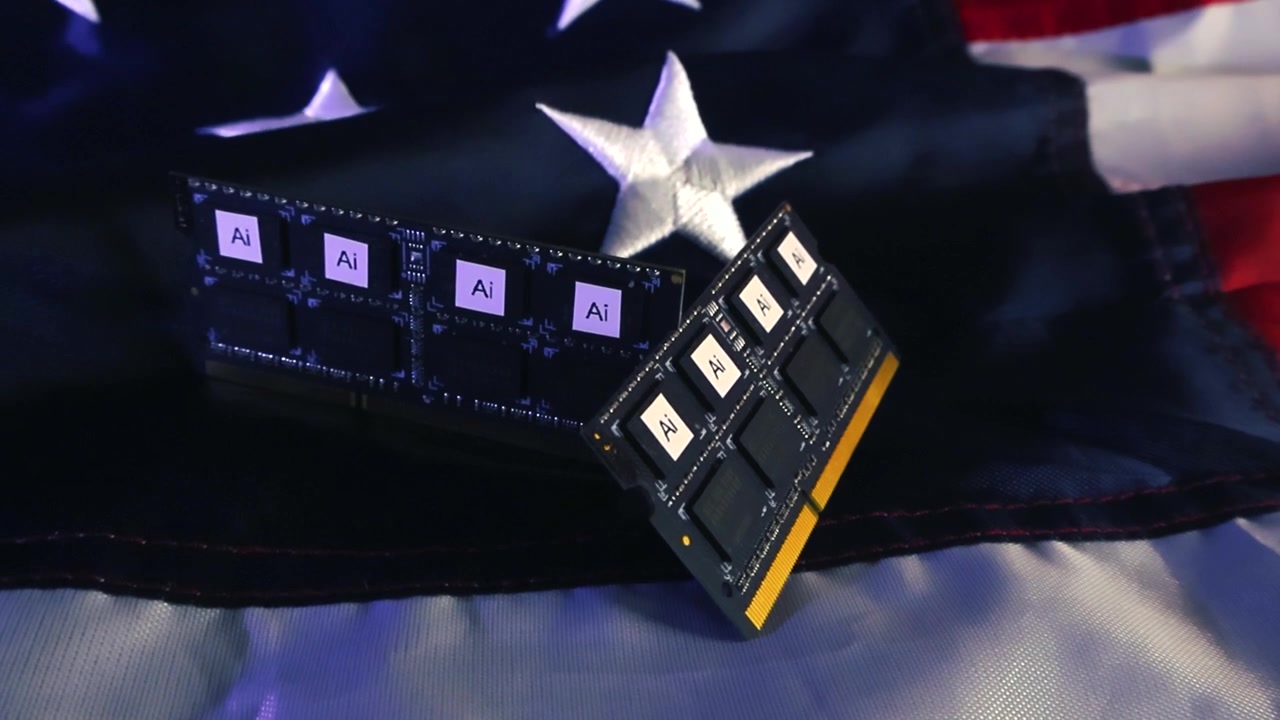 Chips für künstliche Intelligenz und Halbleiterspeichermodule ruhen auf einer amerikanischen Flagge, die den technologischen Fortschritt, die Innovation und die Führung der Nation im globalen Technologiewettlauf symbolisiert