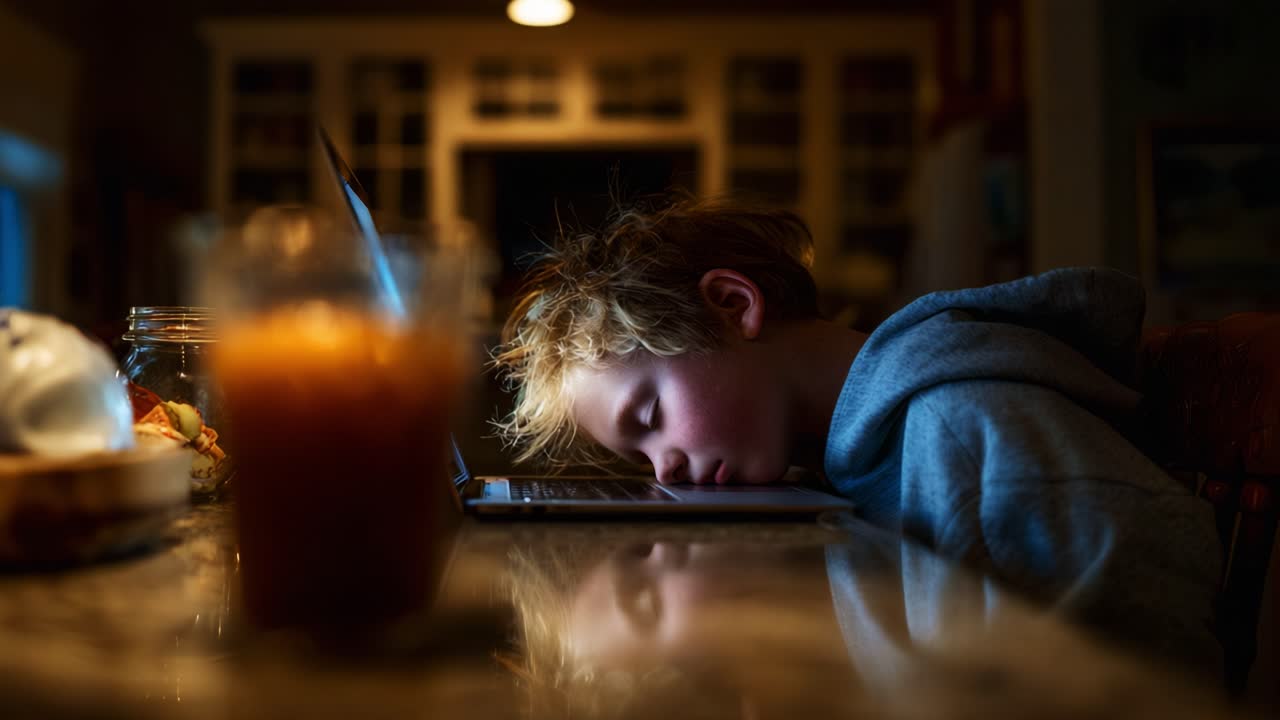 A tired child rests his head on a laptop, capturing the essence of fatigue and the impact of prolonged screen time in a warm, cozy kitchen environment during evening hours