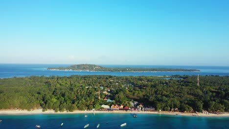 Beautiful-vacation-destination-on-tropical-island-with-lush-vegetation-and-exotic-beach-washed-by-calm-turquoise-lagoon,-Indonesia