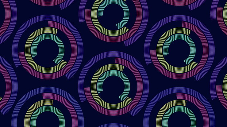 Neon rings pattern with rainbow lines on blue gradient 1