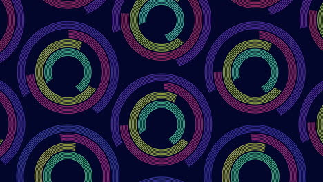 Neon rings pattern with rainbow lines on blue gradient 1