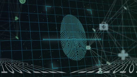 Animation-of-biometric-fingerprint-data-processing-and-network-of-connections-over-dark-background