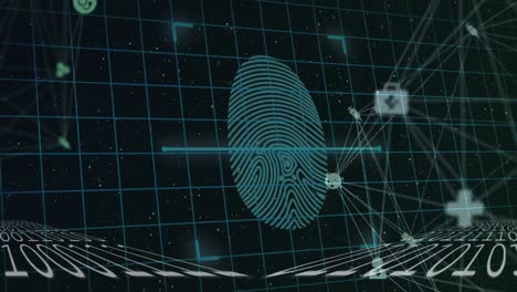 animación del procesamiento de datos biométricos de huellas dactilares y la red de conexiones sobre fondo oscuro
