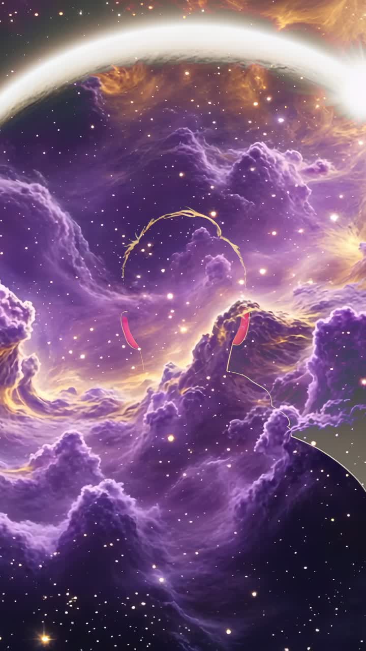 Vertikal video: Afsløring af hætteklædt figur med headset, der kigger mod en lilla nebula og studerer en kosmisk ring