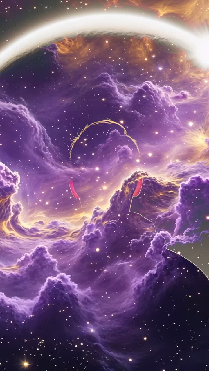 Vertical video: Revealing hooded figure wearing headset facing purple nebula, studying cosmic ring