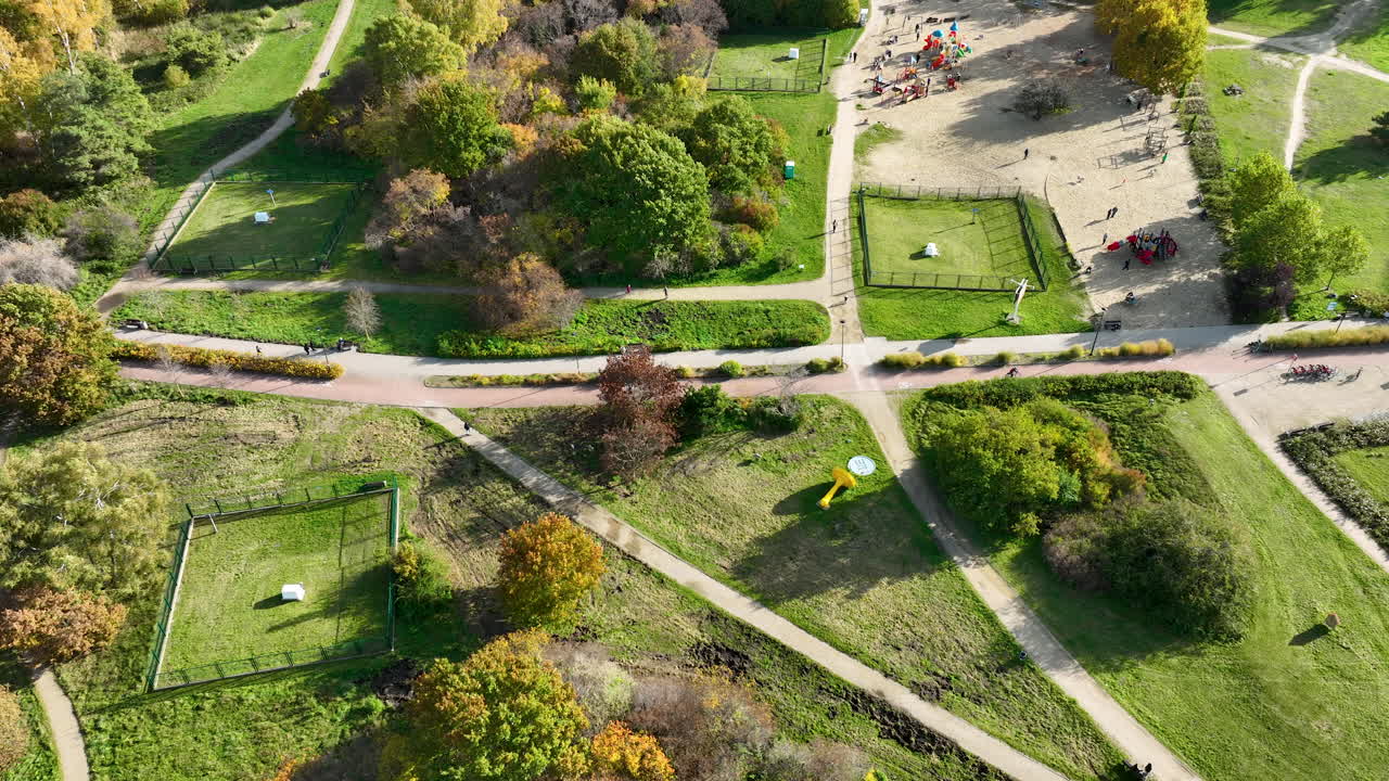 Top-Down Aerial View of Park Paths and Outdoor Installations in Gdańsk