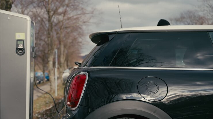 Black Mini Cooper EV Charging at Station