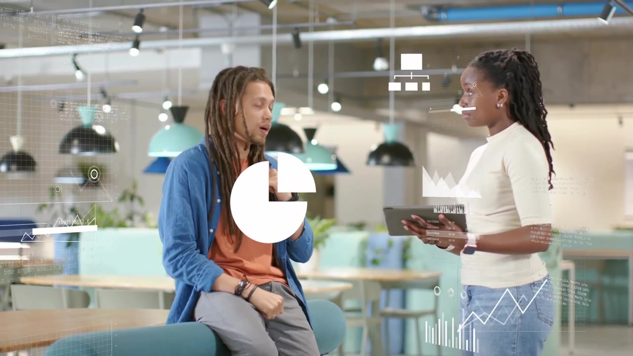 Woman tapping tablet, man sitting, starting cloud and charts animating over torso for tech meeting