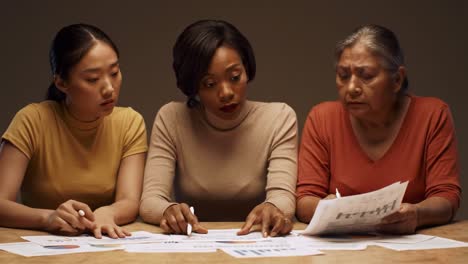 three women engage in a focused discussion around a table filled with documents and charts. they review and analyze figures, showcasing teamwork and collaboration in an intimate environment.