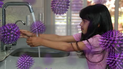 animation of macro coronavirus covid-19 cells spreading over a girl washing her hands