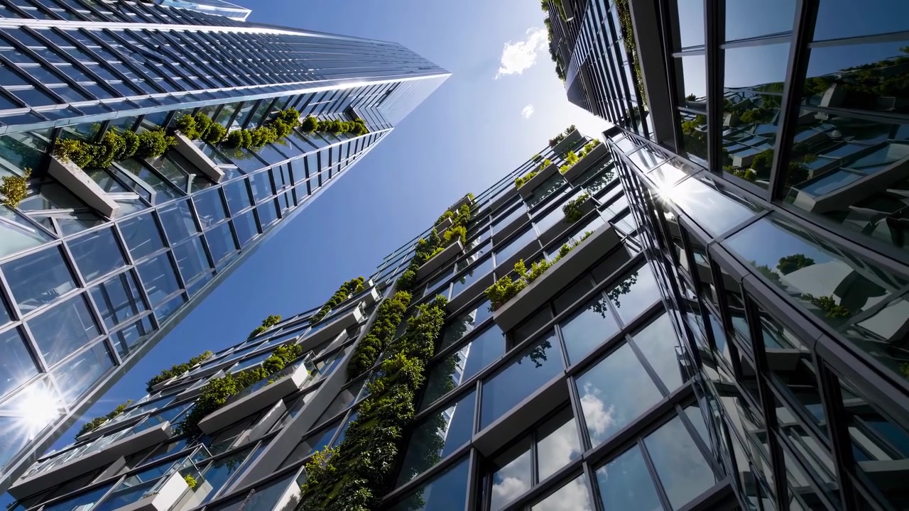 Vista en ángulo bajo de modernos rascacielos con jardines verticales