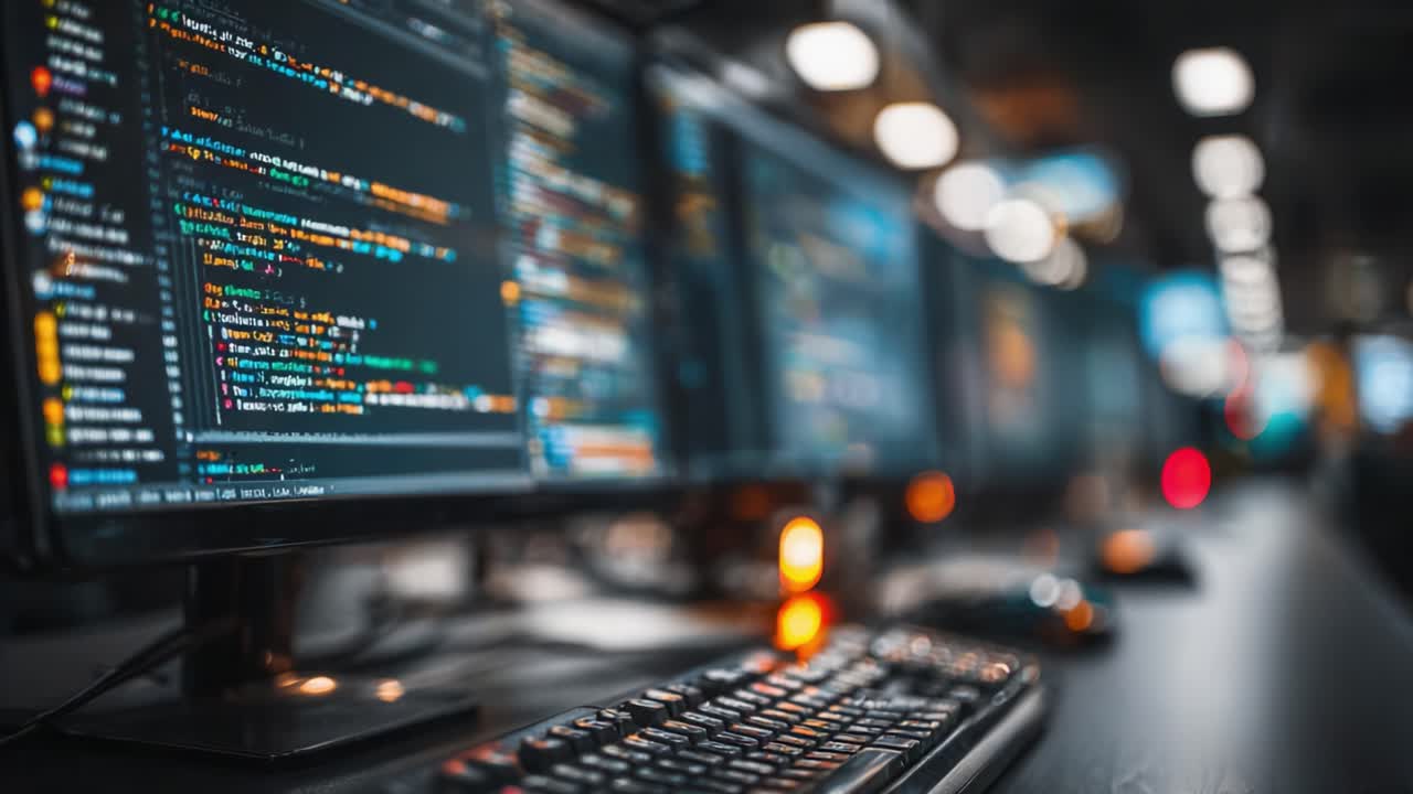 A Tech Scene Featuring Multiple Monitors Displaying Lines of Code in a Dimly Lit Environment, Emphasizing the Vibrant Colors of Programming Syntax and Digital Workspaces