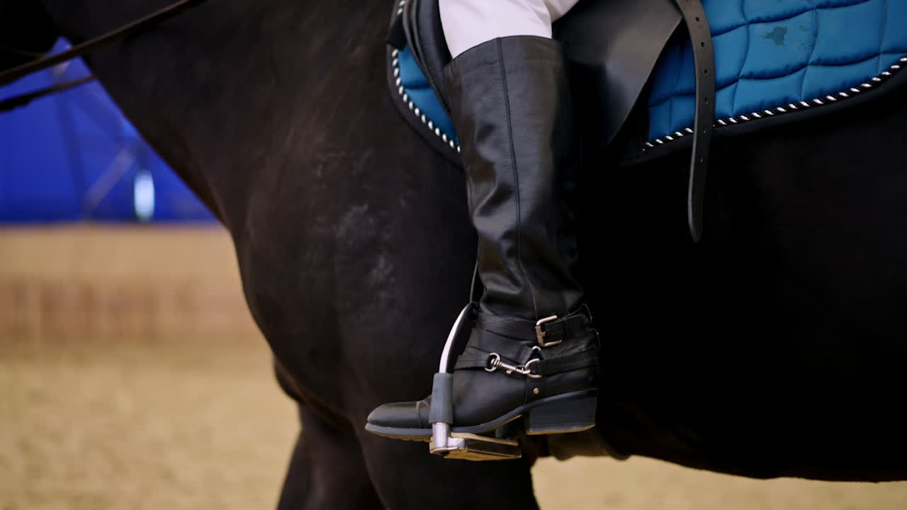 Mid-aged beautiful woman sitting confidently in a saddle on a black horse. Horse riding lessons at manege. Blurred backdrop.