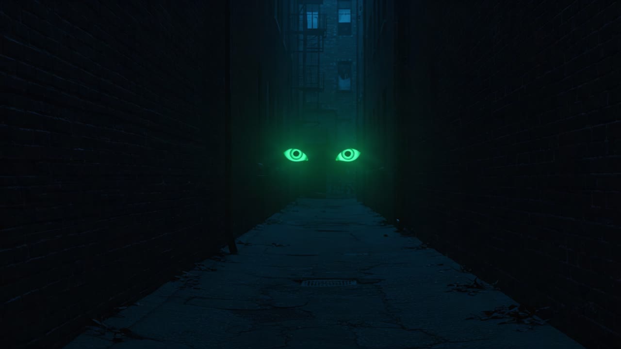 Eerie Shadows: An Unseen Watcher Stares from the Depths of a Dark Alleyway, Illuminated Only by Glowing Eyes in a Chilling Scene