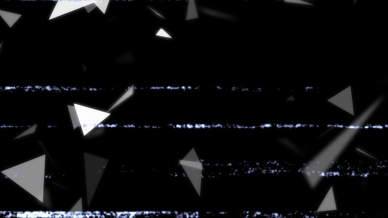 Static glitch sending shards entering building rotating drifting and fading to create glitch mood