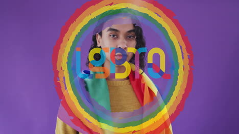 lgbtq text animation over person wearing rainbow flag on purple background