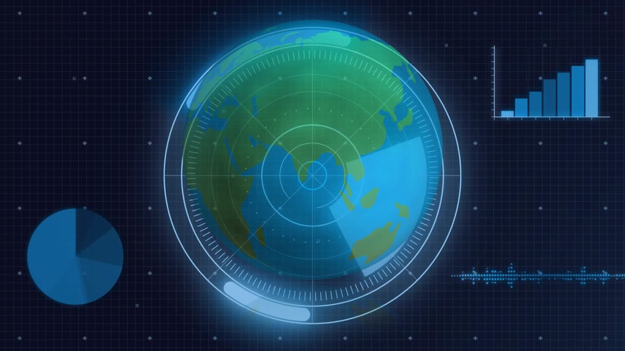 HUD che si avvia con dissolvenza in entrata mentre il globo si dissolve e lo sweep del radar ruota in senso orario aggiornando i dati di scansione